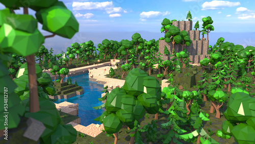 Low Poly island in ocean, Minecraft style in 8K