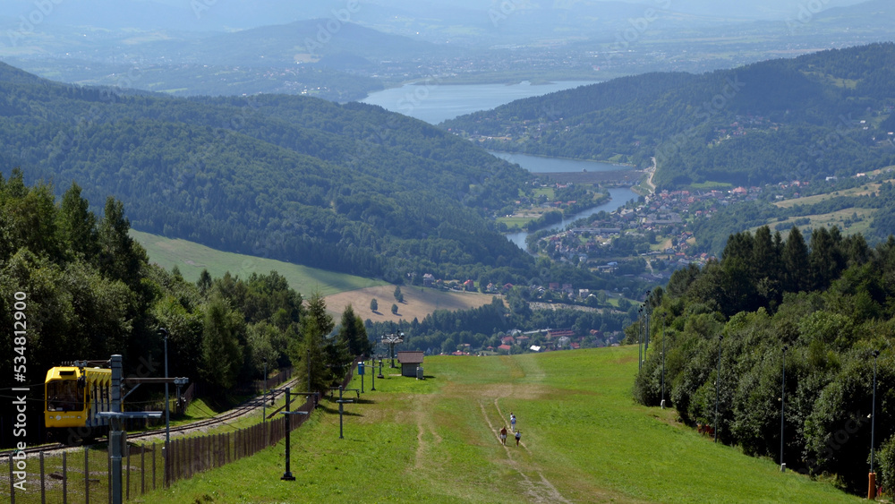 Panoramic view from Zar Mountain, Poland. View of Beskidy Mountains, Zywieckie Lake. Small Beskid region of Poland