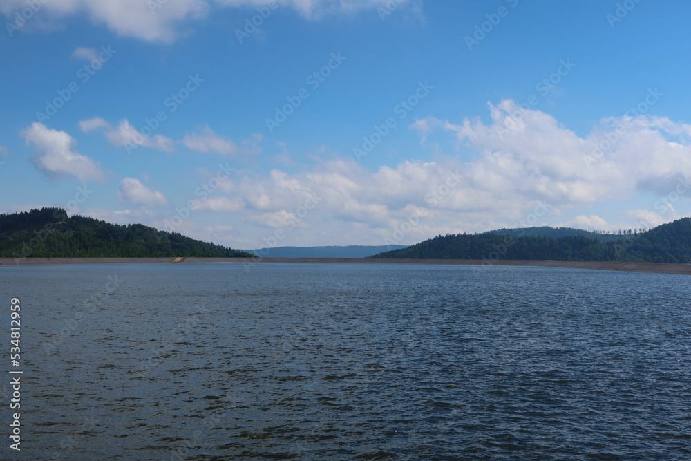 Water reservoir of pumped-storage hydroelectricity power plant located on the top of Zar mountain. Miedzybrodzie Zywieckie, Poland