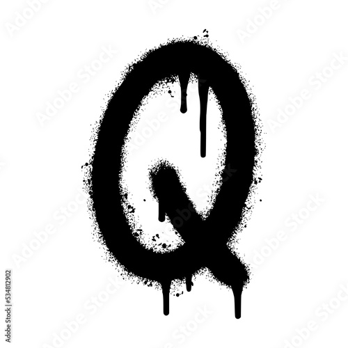 Spray Painted Graffiti font Q Sprayed isolated with a white background. graffiti font Q with over spray in black over white. Vector illustration.