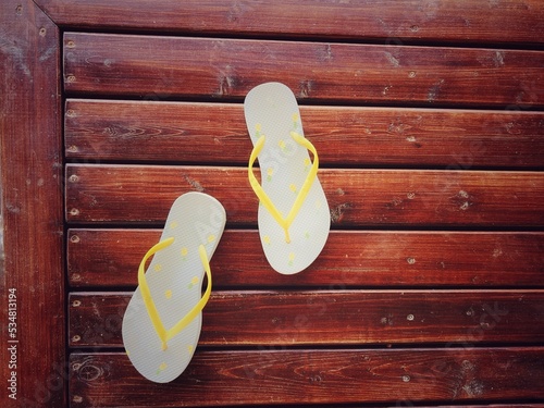 blue and yellow flip flops on wooden floor. Top view
