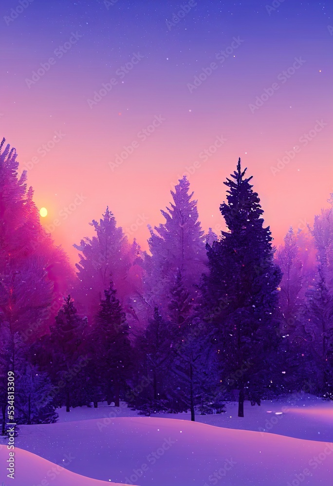 Winter forest snowy frozen trees snow nature scene on purple violet sky sunset or sunrise vintage scenery landscape background. Merry Christmas fantasy backdrop illustration.