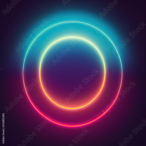 Glowing round circle neon glowing background. Futuristic bright abstract backdrop, geometric style pattern texture wall, vibrant cool illuminating light nightlife backdrop.