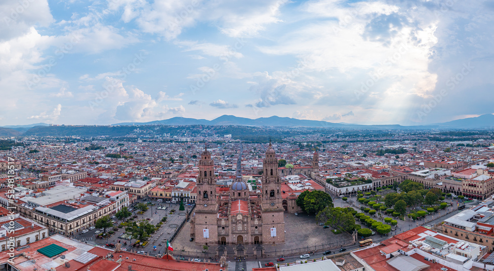 Aerial: pretty view of the landscape and cityscape in Morelia, Mexico. Drone view
