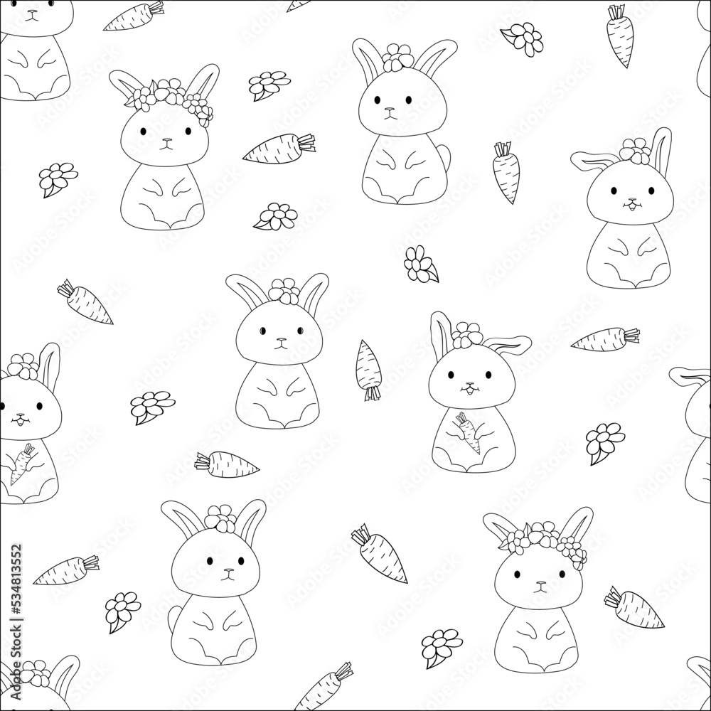 Fototapeta premium Pattern of cute rabbits, with flowers and carrots