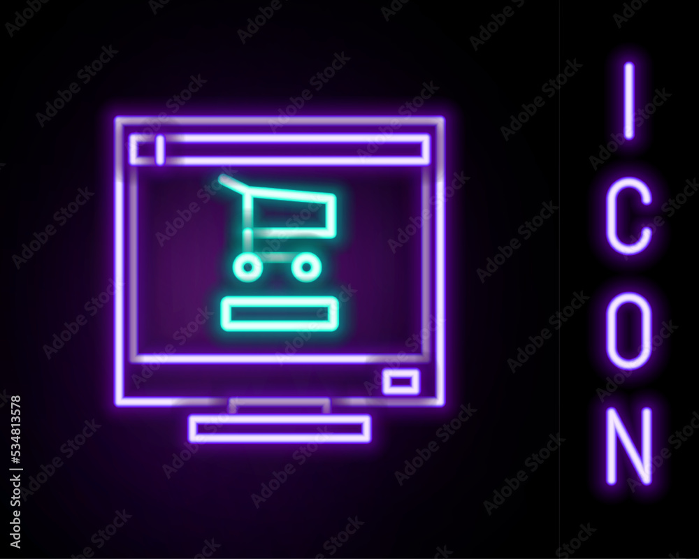 Glowing neon line Shopping cart on screen computer icon isolated on black background. Concept e-commerce, e-business, online business marketing. Colorful outline concept. Vector Glowing neon line Shopping cart on screen computer icon isolated on black background. Concept e-commerce, e-business, online business marketing. Colorful outline concept. Vector