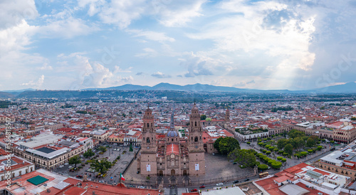 Aerial: pretty view of the landscape and cityscape in Morelia, Mexico. Drone view 