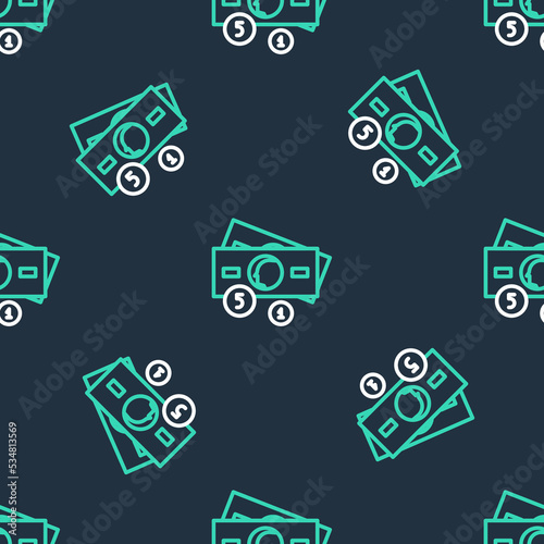 Line Stacks paper money cash icon isolated seamless pattern on black background. Money banknotes stacks. Bill currency. Vector