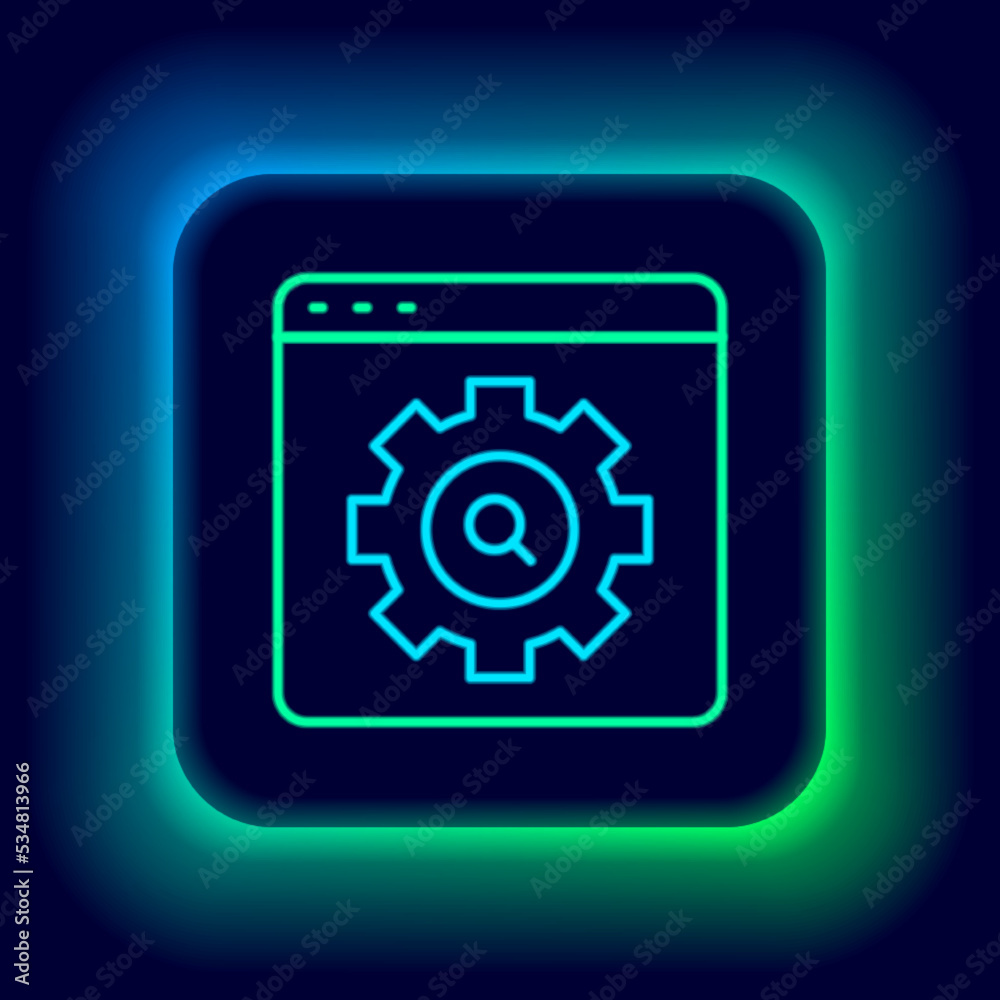 Glowing neon line Browser setting icon isolated on black background. Adjusting, service, maintenance, repair, fixing. Colorful outline concept. Vector Glowing neon line Browser setting icon isolated on black background. Adjusting, service, maintenance, repair, fixing. Colorful outline concept. Vector