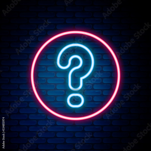 Glowing neon line Speech bubbles with Question icon isolated on brick wall background. FAQ sign. Chat speech bubble and chart. Colorful outline concept. Vector