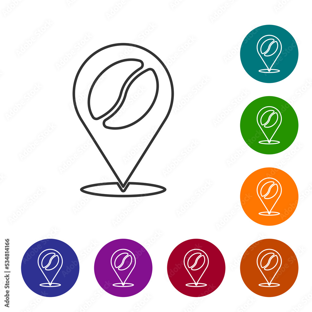 Black line Location with coffee bean icon isolated on white background. Set icons in color circle buttons. Vector Black line Location with coffee bean icon isolated on white background. Set icons in color circle buttons. Vector