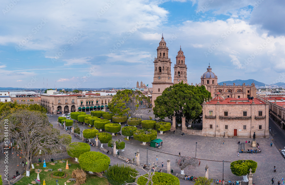 Aerial: panoramic view of the landscape and cityscape in Morelia. Drone view
