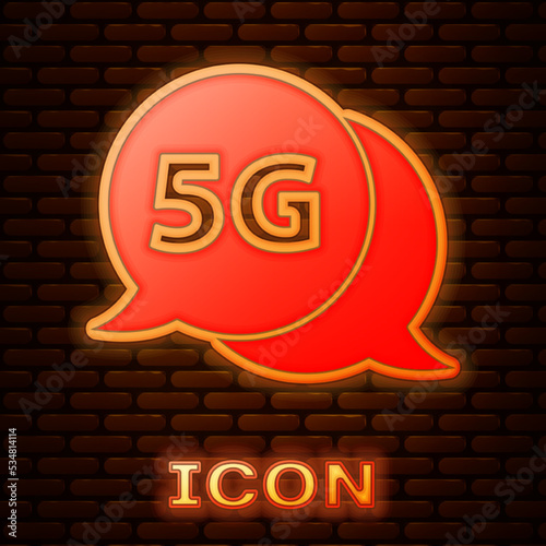 Glowing neon 5G new wireless internet wifi connection icon isolated on brick wall background. Global network high speed connection data rate technology. Vector