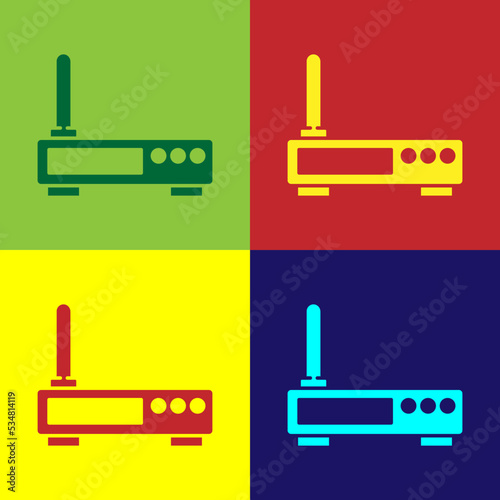 Pop art Router and wi-fi signal icon isolated on color background. Wireless ethernet modem router. Computer technology internet. Vector