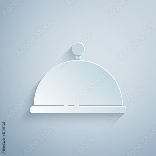 Paper cut Covered with a tray of food icon isolated on grey background. Tray and lid. Restaurant cloche with lid. Kitchenware symbol. Paper art style. Vector