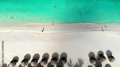 Eagle Beach, beach scenery of Aruba in Netherlands Antilles, Caribbean sea from above (drone shot)