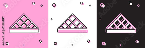 Set Louvre glass pyramid icon isolated on pink and white, black background. Louvre museum. Vector