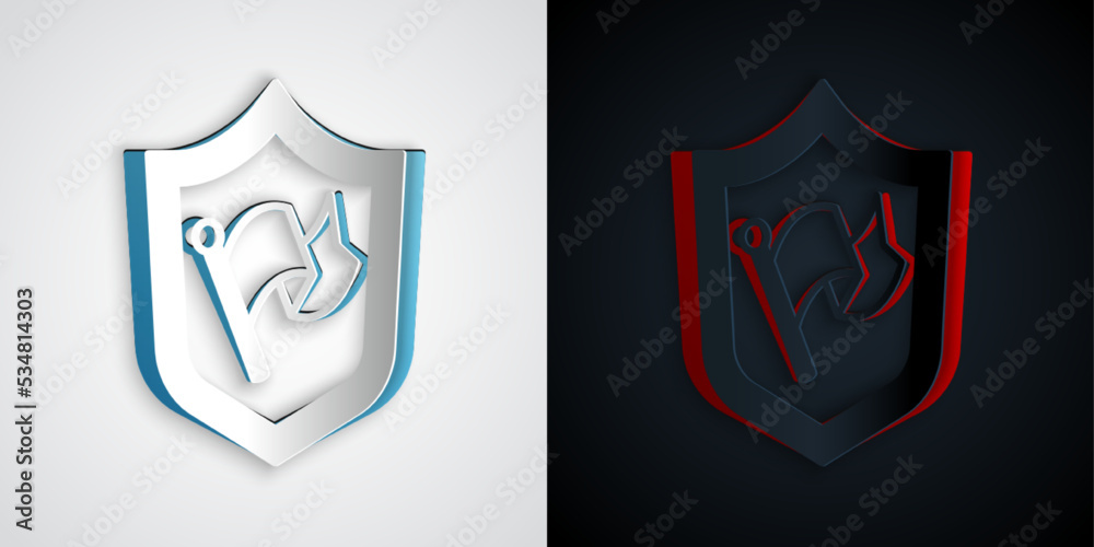 Paper cut Shield with flag icon isolated on grey and black background. Victory, winning and conquer adversity concept. Paper art style. Vector Paper cut Shield with flag icon isolated on grey and black background. Victory, winning and conquer adversity concept. Paper art style. Vector