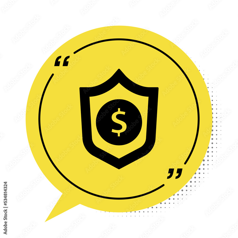 Black Shield with dollar symbol icon isolated on white background. Security shield protection. Money security concept. Yellow speech bubble symbol. Vector