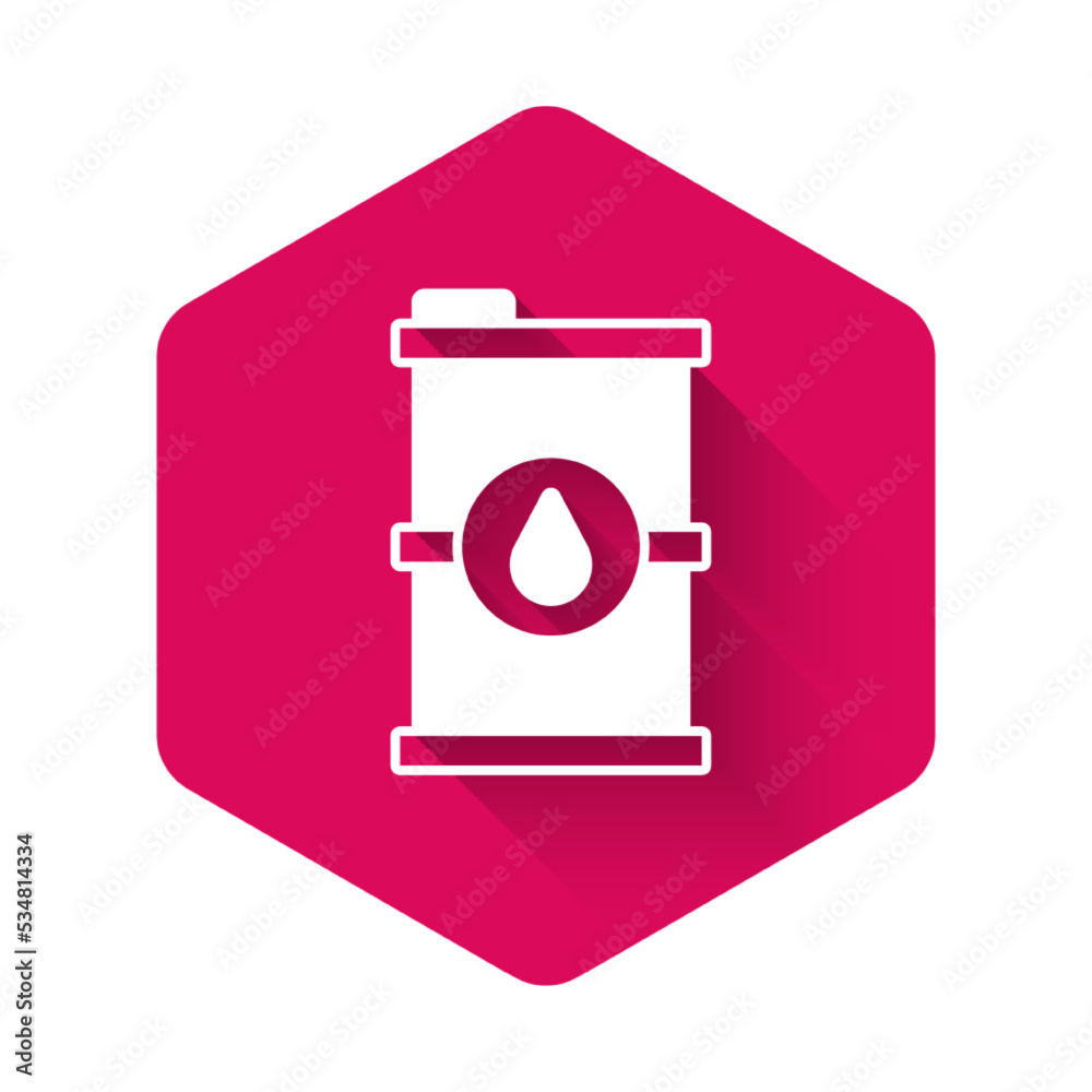 White Bio fuel barrel icon isolated with long shadow background. Eco bio and canister. Green environment and recycle. Pink hexagon button. Vector White Bio fuel barrel icon isolated with long shadow background. Eco bio and canister. Green environment and recycle. Pink hexagon button. Vector