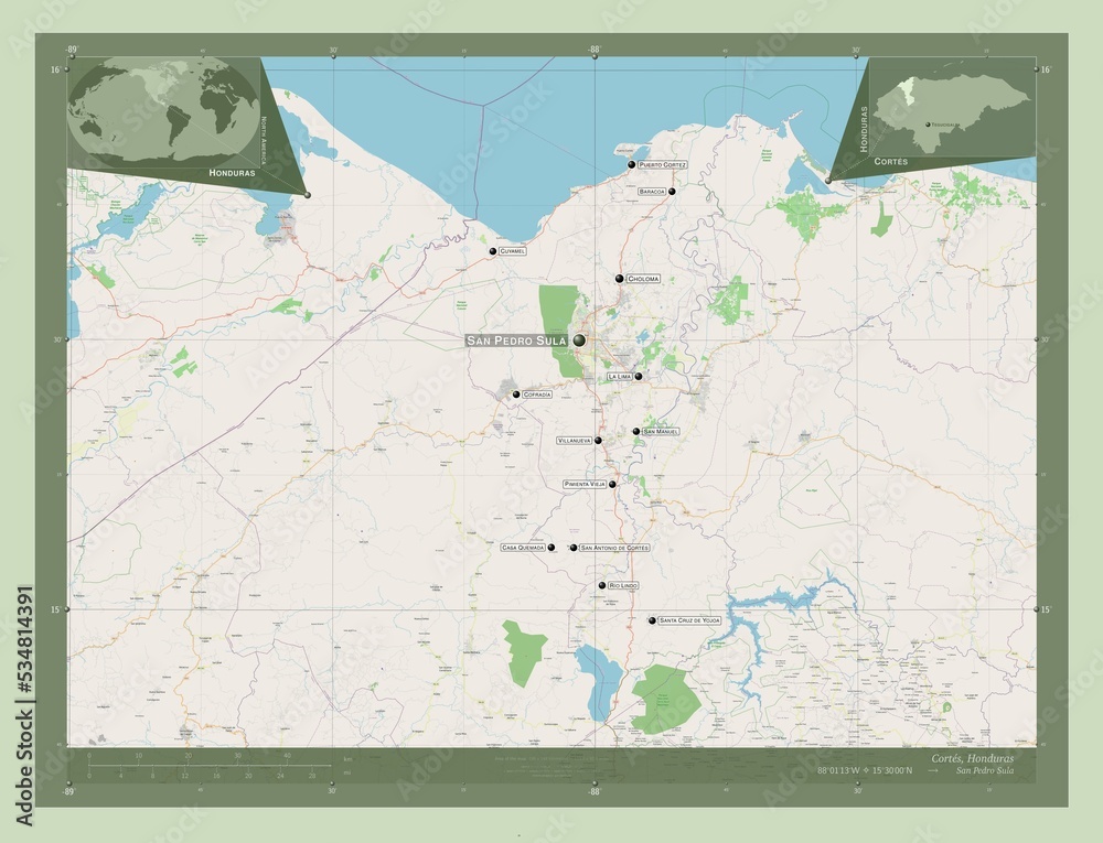 Fototapeta premium Cortes, Honduras. OSM. Labelled points of cities