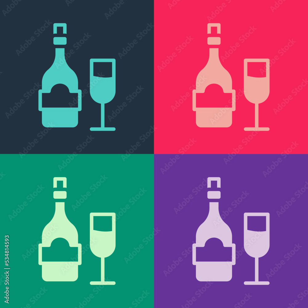 Pop art Champagne bottle with glass icon isolated on color background. Vector Pop art Champagne bottle with glass icon isolated on color background. Vector