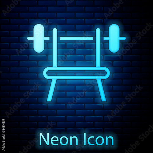 Glowing neon Bench with barbell icon isolated on brick wall background. Gym equipment. Bodybuilding, powerlifting, fitness concept. Vector