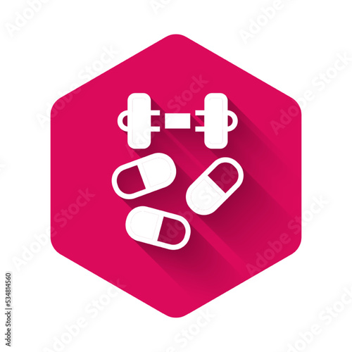 White Sports doping, anabolic drugs with dumbbell icon isolated with long shadow background. Anabolic steroids tablet. Pills in jar. Pink hexagon button. Vector