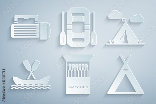 Set Open matchbox and matches, Tourist tent with flag, Rafting boat, and Flashlight icon. Vector