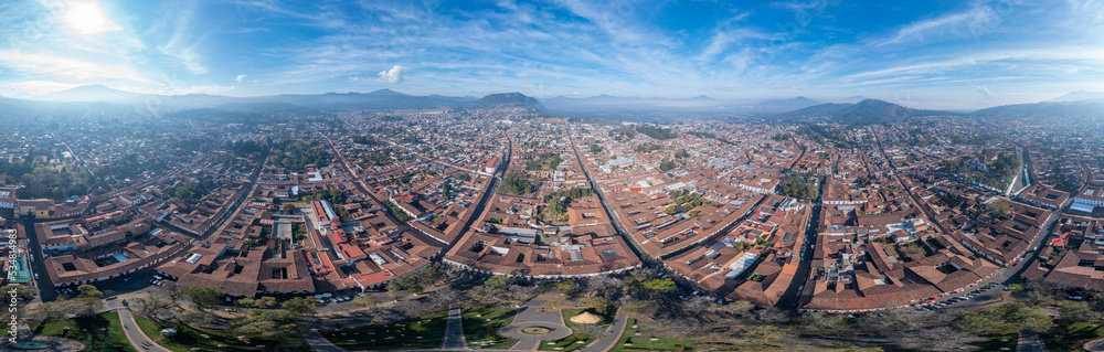 Aerial: Patzcuaro panoramic view of the landscape and cityscape. Drone view
