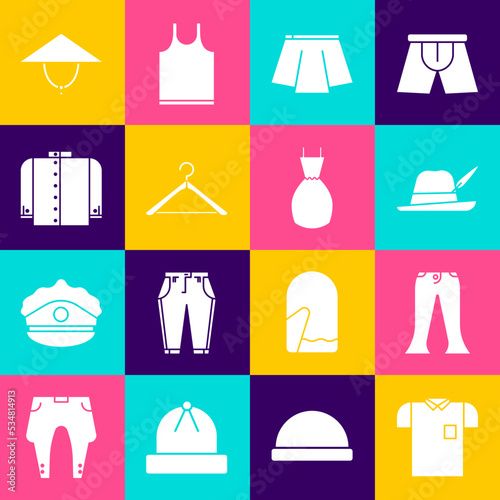 Set Polo shirt  Pants  Oktoberfest hat  Skirt  Hanger wardrobe  T-shirt  Asian conical and Woman dress icon. Vector