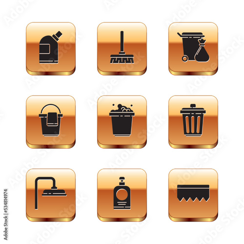 Set Bottles for cleaning agent, Shower head, Hand sanitizer bottle, Bucket with soap suds, rag, Trash can garbage bag, Sponge bubbles and Handle broom icon. Vector