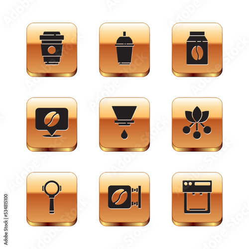 Set Coffee cup to go, filter holder, Street signboard coffee, V60 maker, Location with bean, Bag beans, machine and icon. Vector