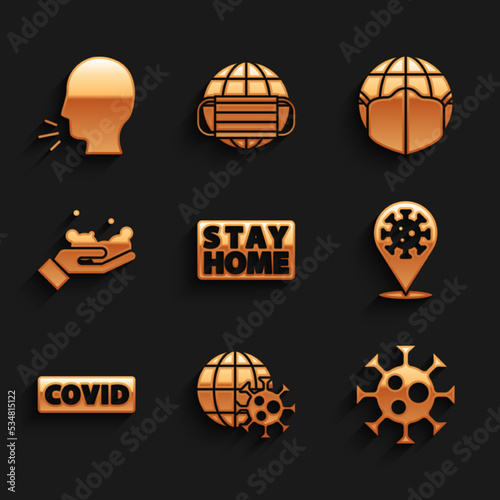 Set Stay home, Earth globe with virus, Virus, Corona 2019-nCoV on location, covid-19, Washing hands soap, medical mask and Man coughing icon. Vector