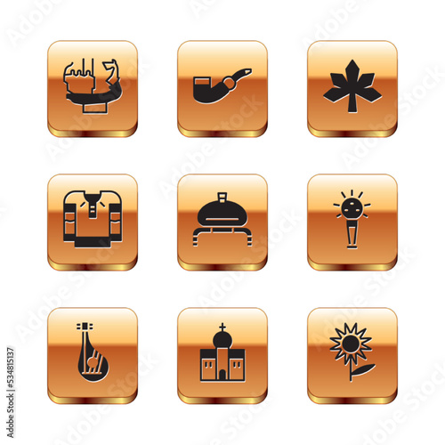 Set Monument to founders of Kiev, Bandura, Church building, Bread salt, Embroidered shirt, Chestnut leaf, Sunflower and Smoking pipe icon. Vector
