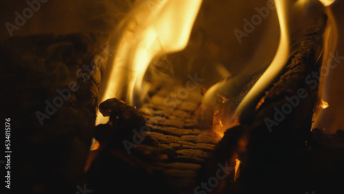 Fényképezés Fireplace, flames over wooden logs