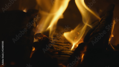 Fireplace, flames over wooden logs. Cozy fire. Close up, Macro. Burning firewood. Depth of field