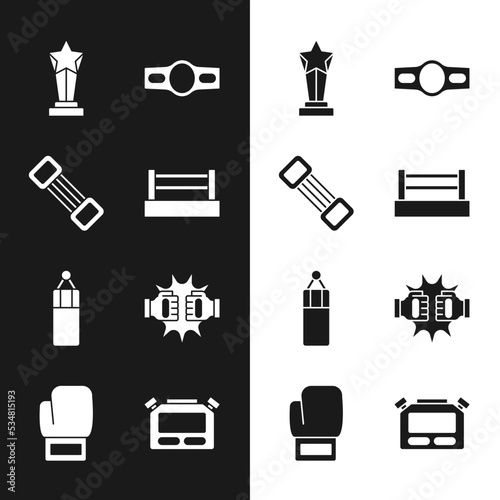 Set Boxing ring, Chest expander, Award cup, belt, Punching bag, boxing gloves, Stopwatch and icon. Vector