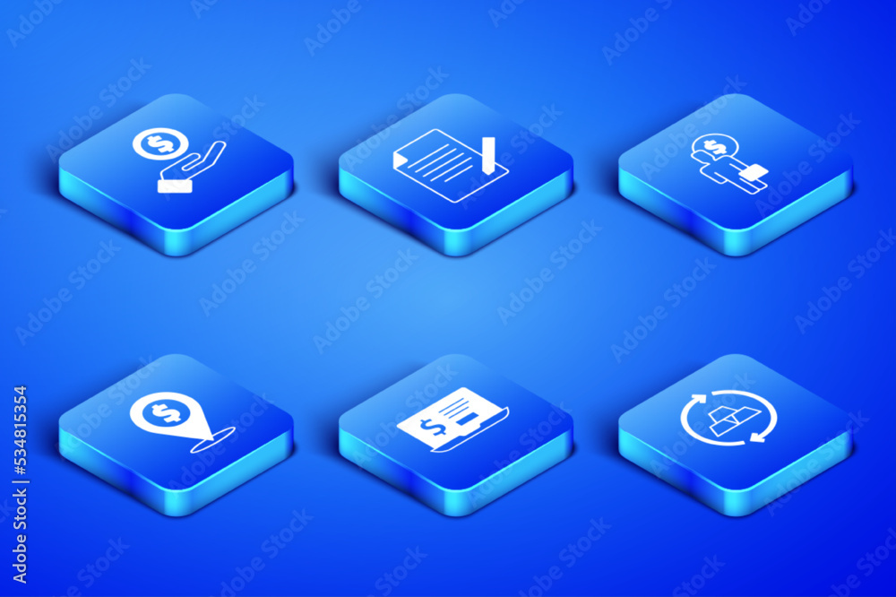Set Gold bars, Hand giving money, Laptop with dollar, Cash location, Document pen and Business man planning mind icon. Vector Set Gold bars, Hand giving money, Laptop with dollar, Cash location, Document pen and Business man planning mind icon. Vector