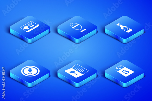 Set Salt, Online ordering and delivery, Restaurant cafe menu, Served fish on plate, Ice cream bowl and Wine bottle icon. Vector