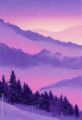 Winter forest snowy frozen trees snow nature scene on purple violet sky sunset or sunrise vintage scenery landscape background. Merry Christmas fantasy backdrop illustration.