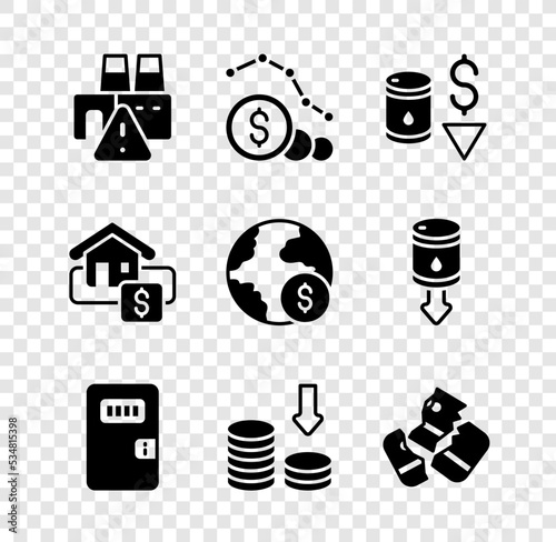 Set Shutdown of factory, Dollar rate decrease, Drop in crude oil price, Prison cell door, Credit card, Hanging sign with Sale and Global economic crisis icon. Vector