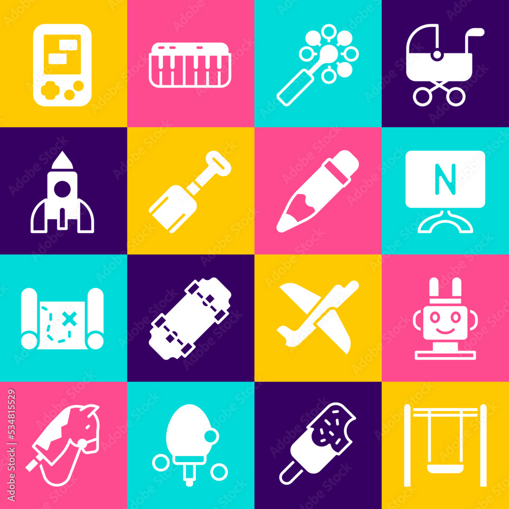 Set Swing, Robot toy, Smart Tv, Rattle baby, Shovel, Rocket ship, Tetris electronic game and Pencil with eraser icon. Vector Set Swing, Robot toy, Smart Tv, Rattle baby, Shovel, Rocket ship, Tetris electronic game and Pencil with eraser icon. Vector