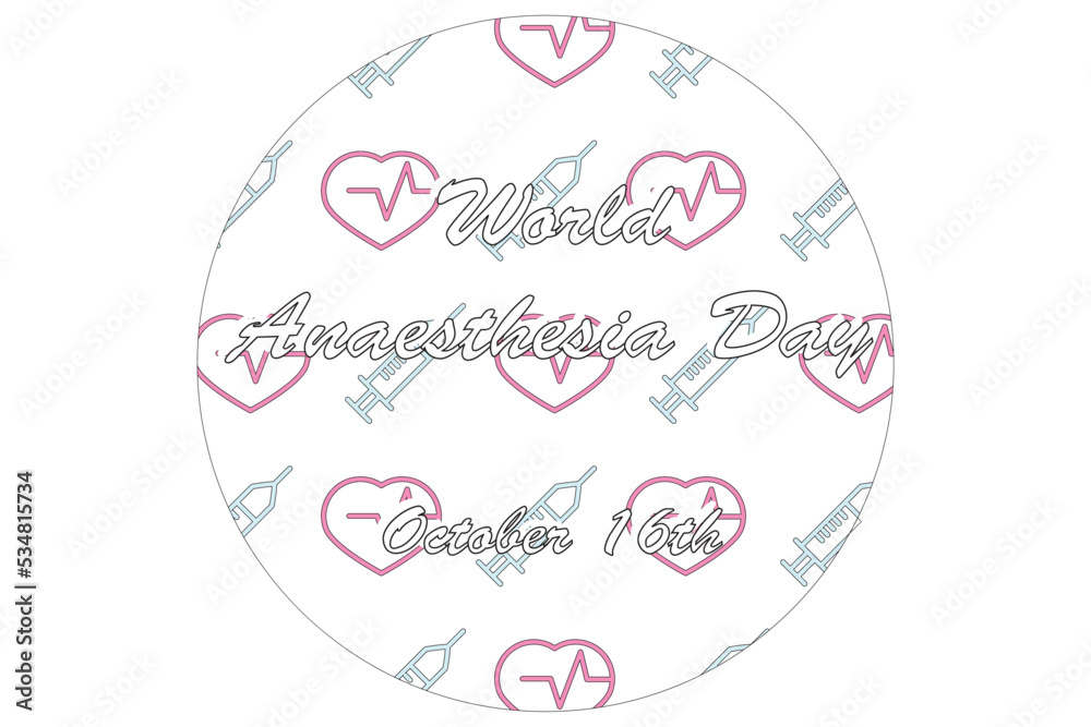  World Anaesthesia Day round banner on white background with pink and blue syringe and heart icons