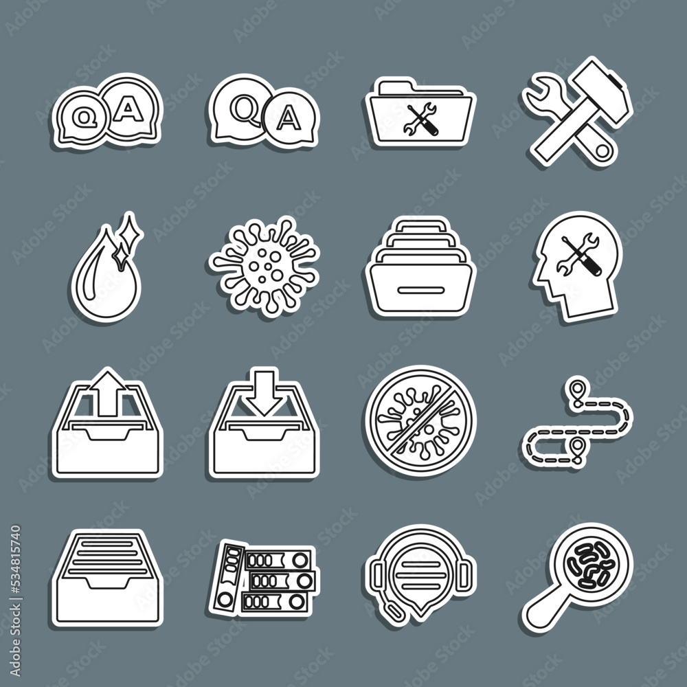Set line Microorganisms under magnifier, Route location, Human head service, Folder, Bacteria, Clean water drop, Question and Answer and Drawer with documents icon. Vector