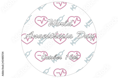  World Anaesthesia Day round banner on white background with pink and blue syringe and heart icons