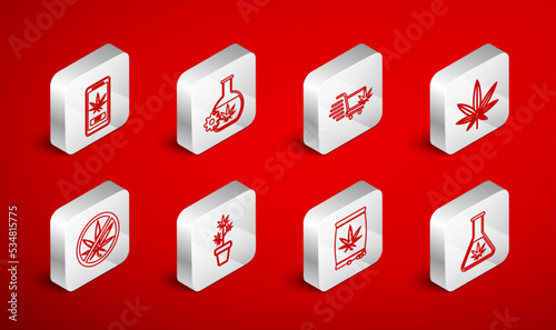 Set line Test tube with marijuana, Shopping cart, Marijuana or cannabis leaf, seeds, Online buying, plant pot and Stop icon. Vector