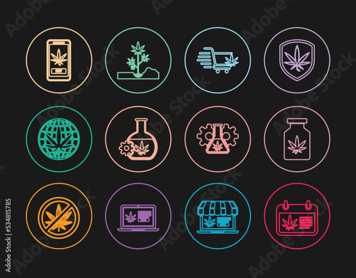 Set line Calendar and marijuana, Medical bottle with, Shopping cart, Test tube, Legalize, Online buying, and Planting icon. Vector