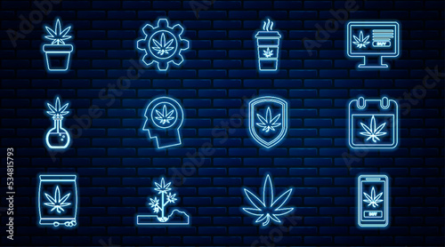 Set line Online buying marijuana, Calendar and, Cup coffee with, Head profile, Test tube, Marijuana plant pot, Shield and icon. Vector