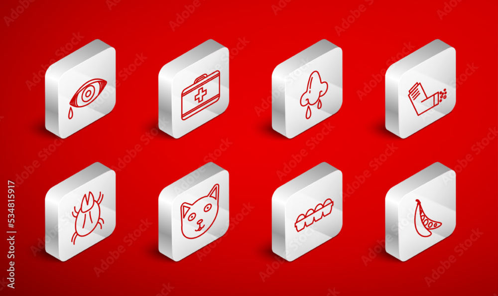 Set line Kidney beans, First aid kit, Runny nose, Inhaler, Chicken egg in box, Reddish eye allergic conjunctivitis, Pet and Parasite mite icon. Vector Set line Kidney beans, First aid kit, Runny nose, Inhaler, Chicken egg in box, Reddish eye allergic conjunctivitis, Pet and Parasite mite icon. Vector